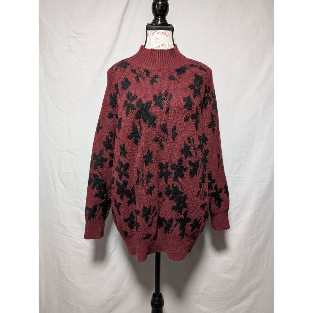 Liz Claiborne Maroon Black Floral Knit Sweater Mock Neck Cozy Fall Women's XL
